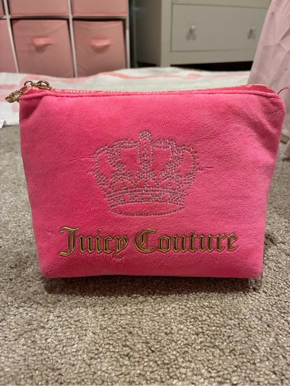 Juicy Couture Hot Pink Velvet Cosmetic Case with Rhinestone Crown